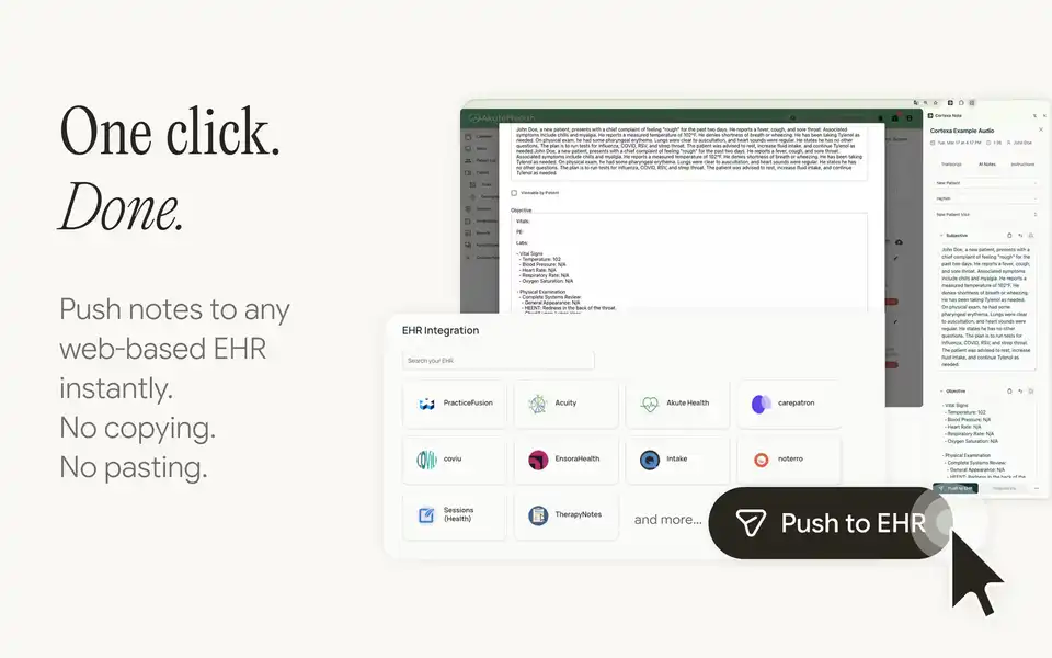 CortexaNote EHR handoff interface used as release proof media.