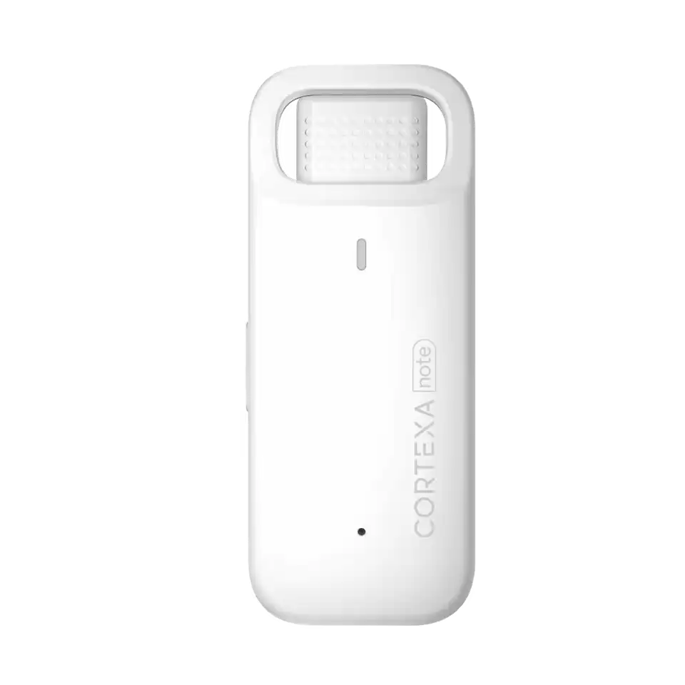 CortexaNote wearable recorder shown as professional identity proof.