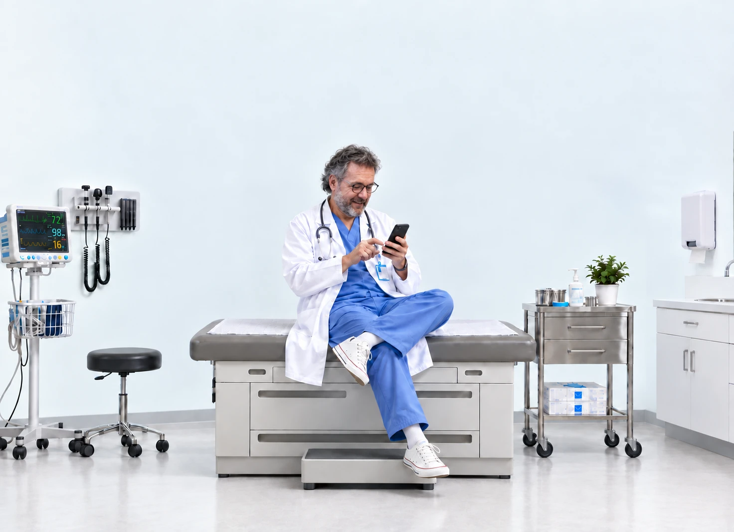 Clinician sitting on an exam table and checking his phone